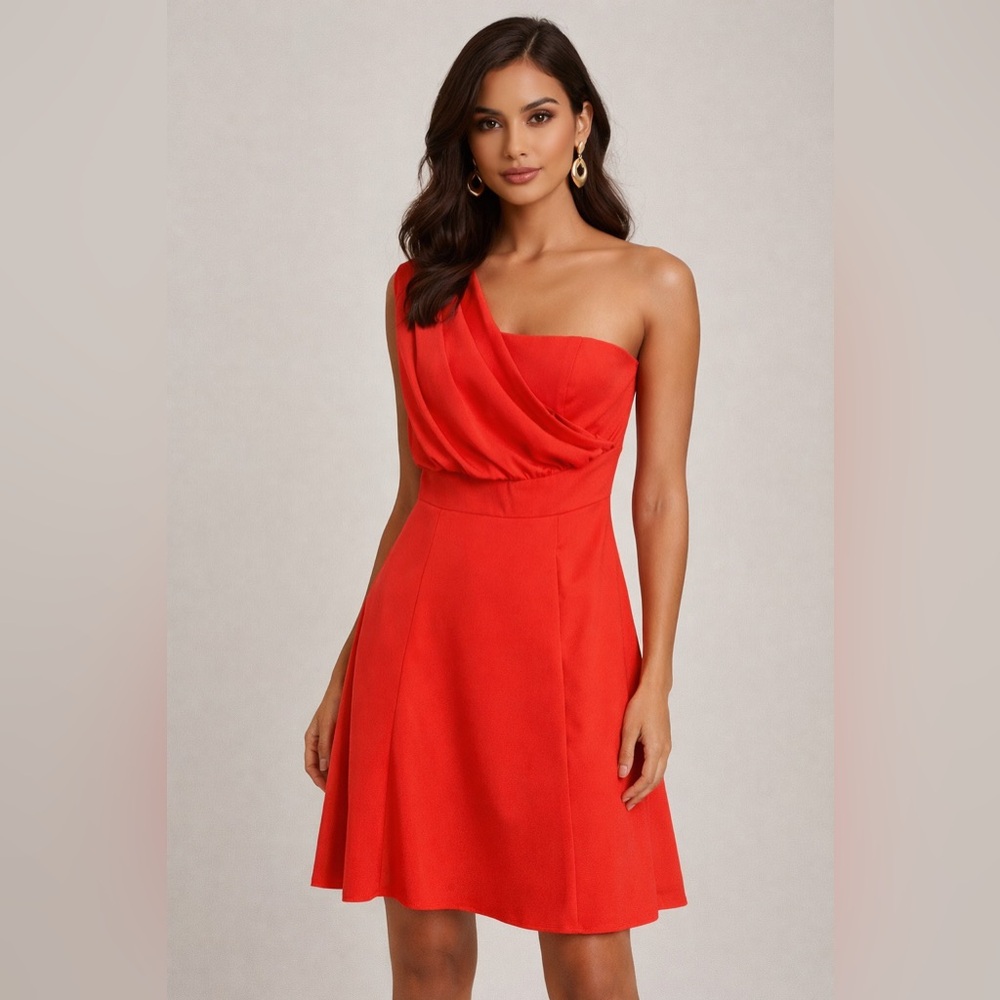 Mikael Aghal Draped One-Shoulder Scarlet Mini Dress